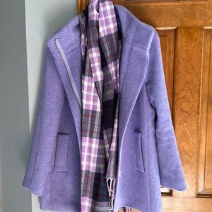Purple j crew zip jacket with purple plaid   scarf